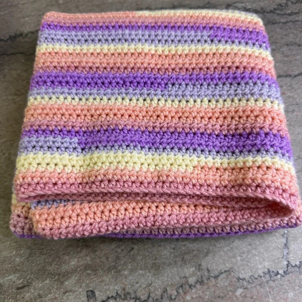 Pastel Purple Peach Blue Yellow Crochet Crib Baby Blanket, Extra Soft, 28 X 28